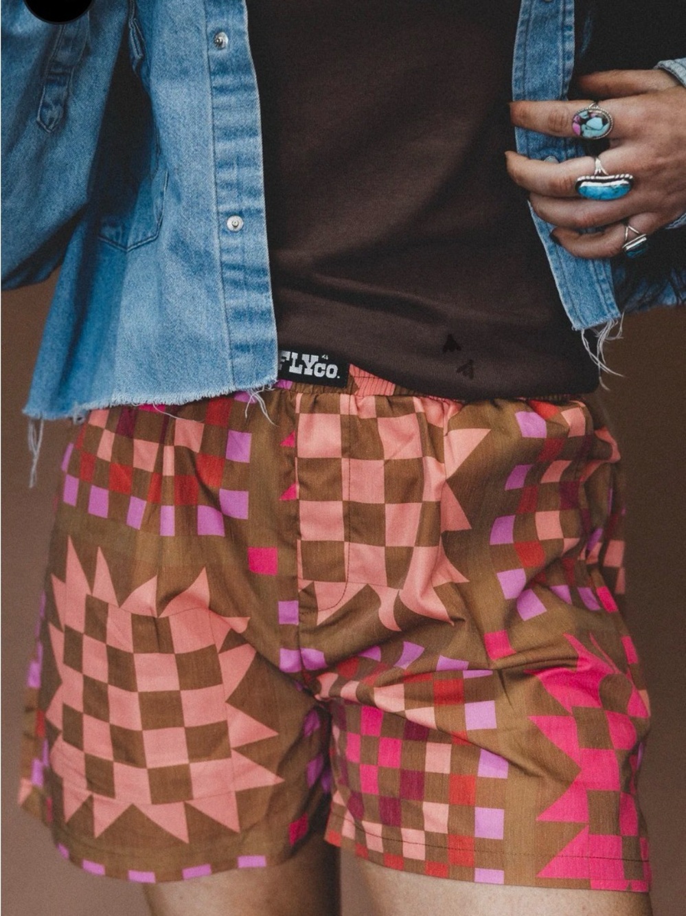 2 F L Y Pink & Brown patch ya later Checkerboard Shorts